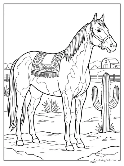 Realistic pinto horse with halter and patterned saddle blanket near a saguaro, fence, and barn
