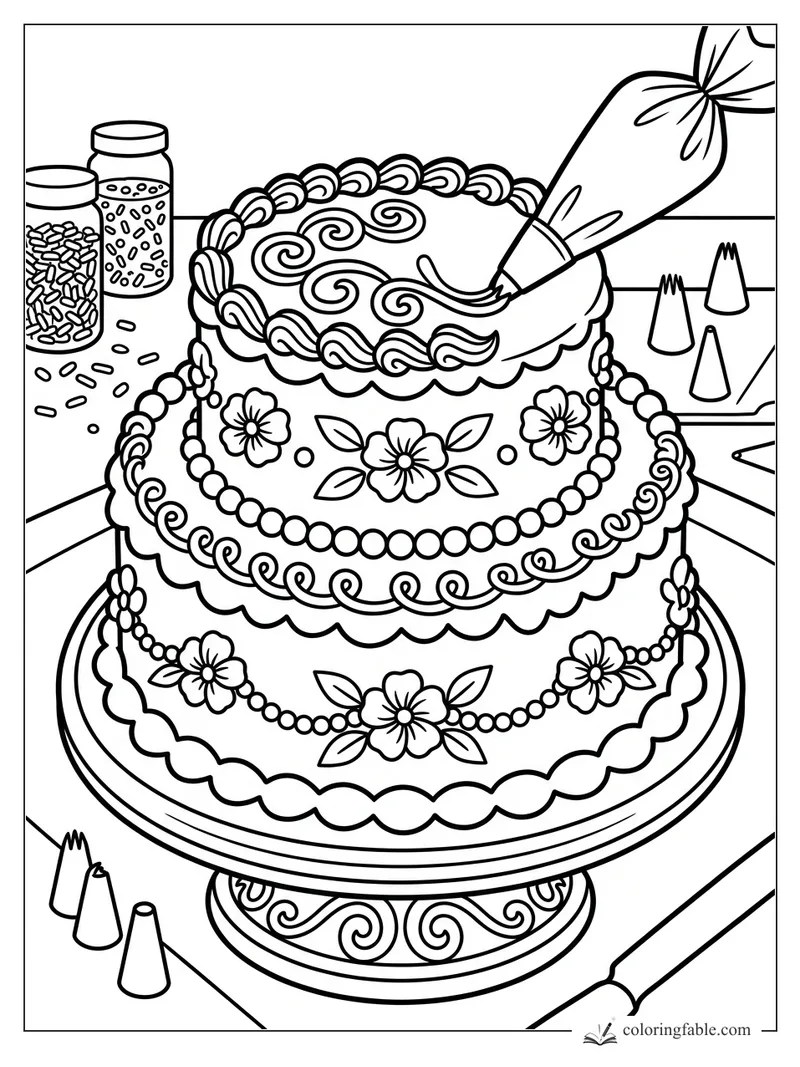Decorator piping swirls on a two-tier flower cake with sprinkle jars and icing tips