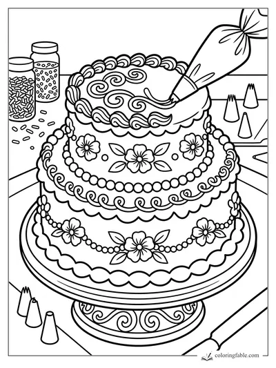 Decorator piping swirls on a two-tier flower cake with sprinkle jars and icing tips