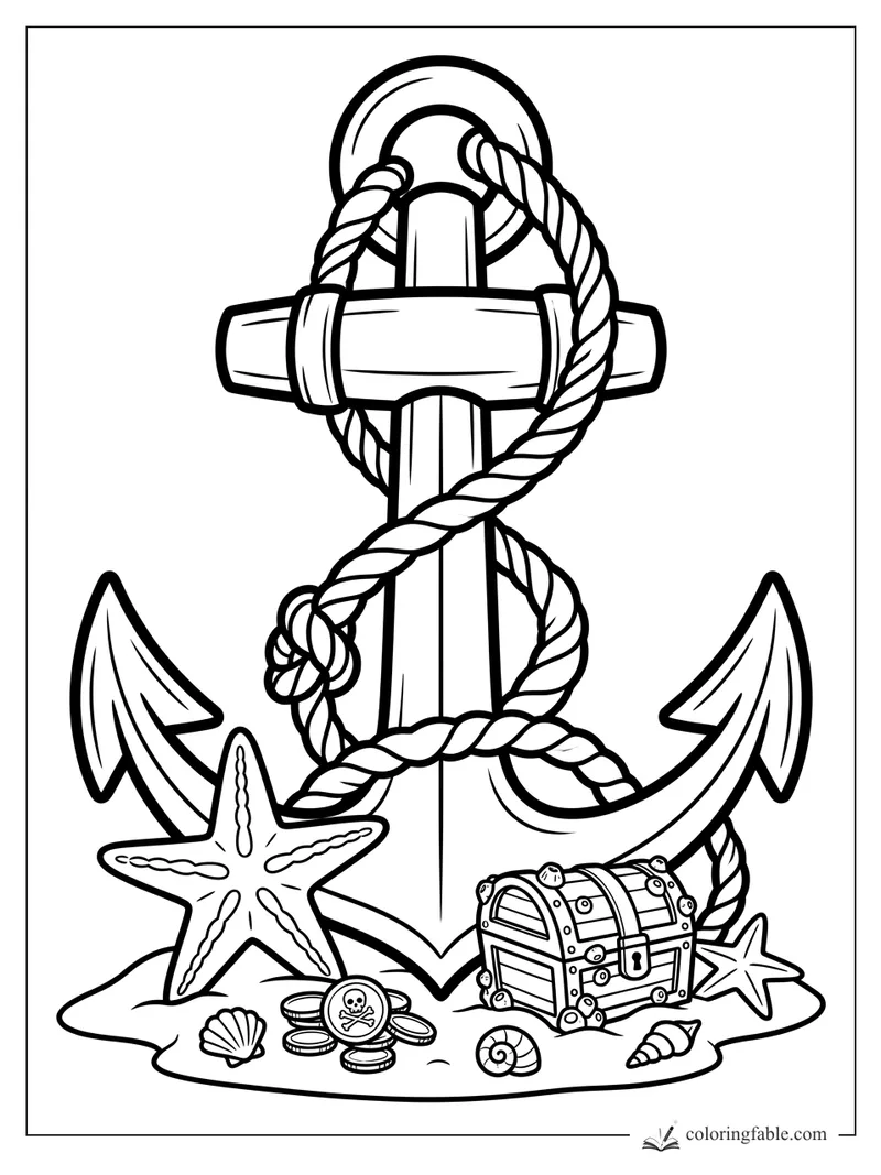 Pirate anchor wrapped in rope with treasure chest, coins, shells, and starfish coloring page