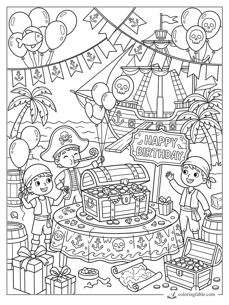 Pirate birthday coloring page with treasure chest cake table, ship, balloons, banners, and three kids