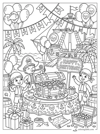 Pirate birthday coloring page with treasure chest cake table, ship, balloons, banners, and three kids