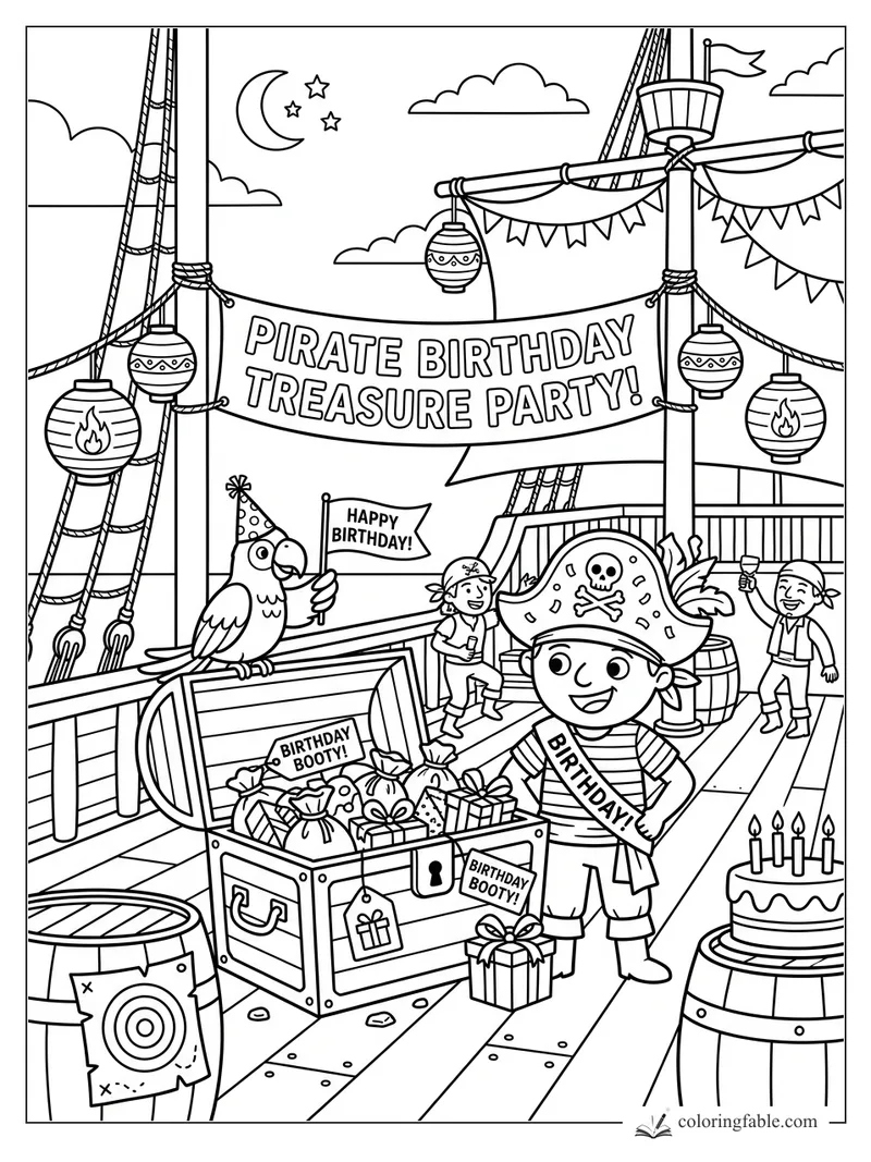 Cartoon pirate birthday party on a ship deck with treasure chest, parrot, banner, cake, lanterns, and kids.