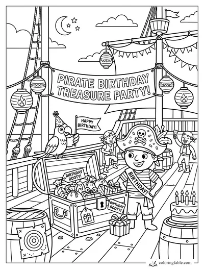 Cartoon pirate birthday party on a ship deck with treasure chest, parrot, banner, cake, lanterns, and kids.