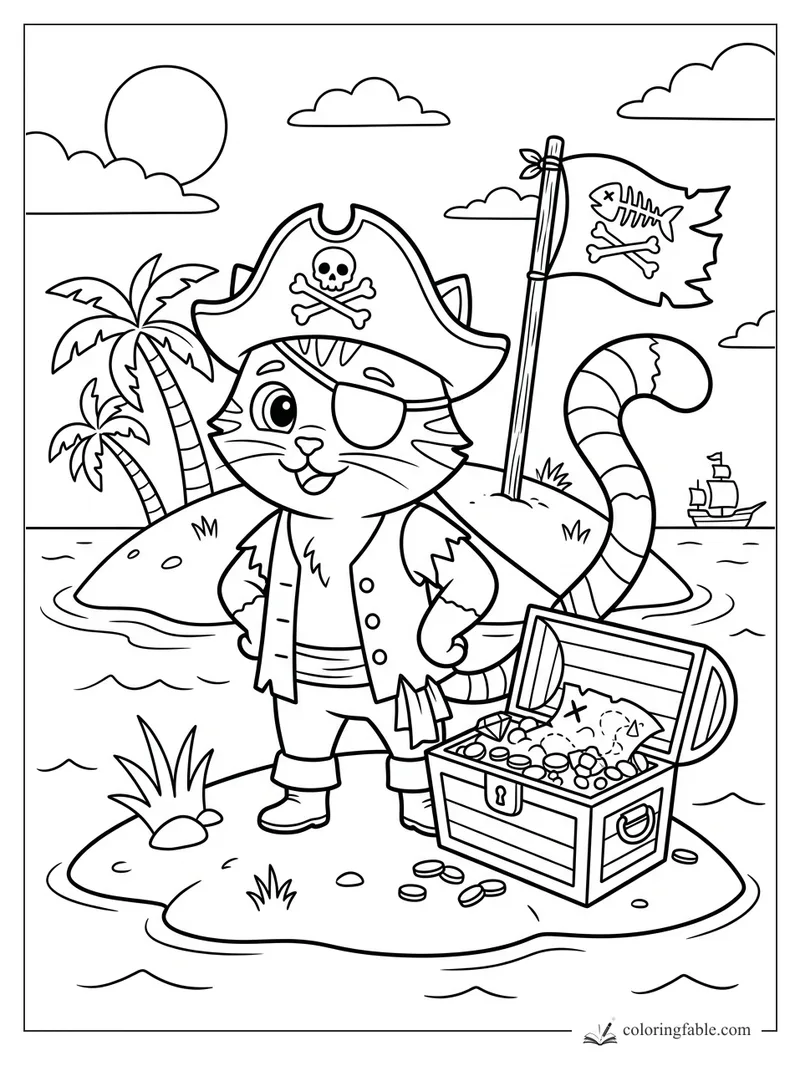 Cartoon pirate cat with eye patch, treasure chest, skull flag, palm trees, ship, sun, and clouds.