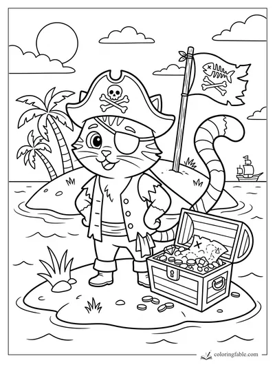 Cartoon pirate cat with eye patch, treasure chest, skull flag, palm trees, ship, sun, and clouds.