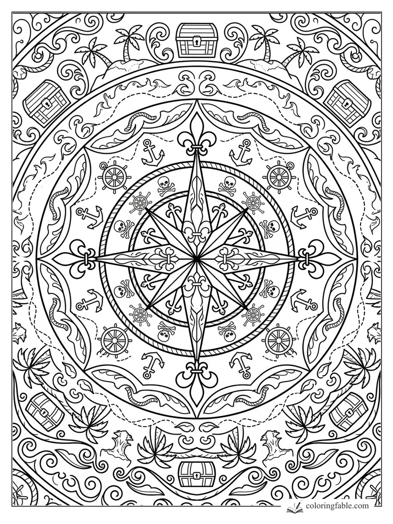 Intricate pirate mandala with compass rose, anchors, skulls, ship wheels, palms, and treasure chests.