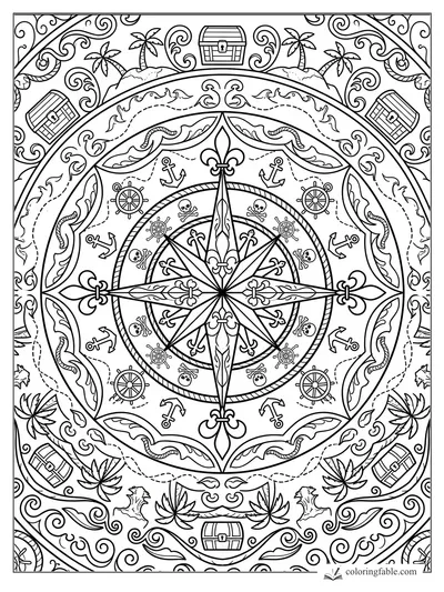 Intricate pirate mandala with compass rose, anchors, skulls, ship wheels, palms, and treasure chests.