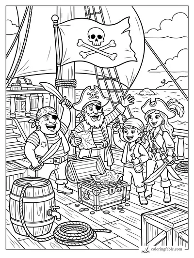 Cartoon pirate crew on a ship deck cheering beside an open treasure chest and skull flag