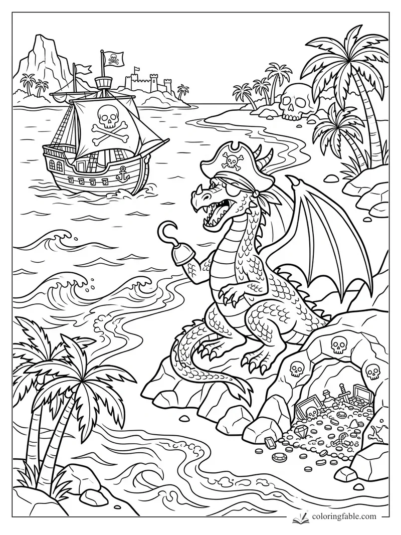 Cartoon pirate dragon with hook on skull island, ship, treasure cave, palm trees, waves, and castle