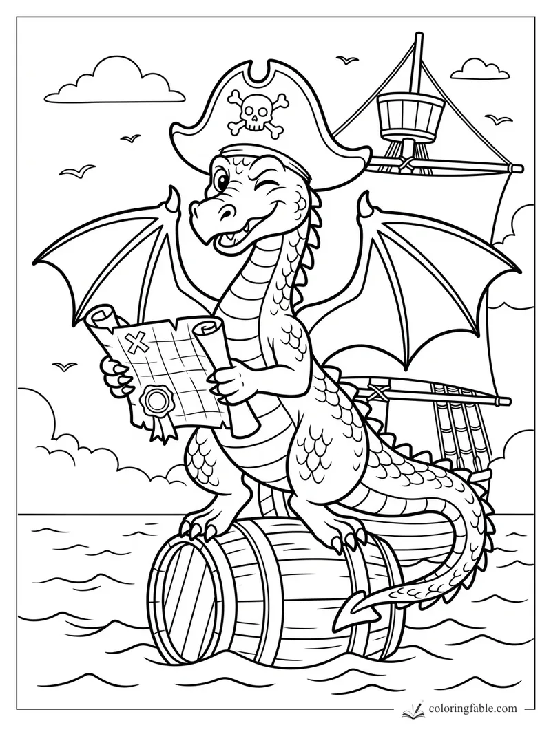 Cartoon pirate dragon on a barrel holding a treasure map beside a sailing ship.