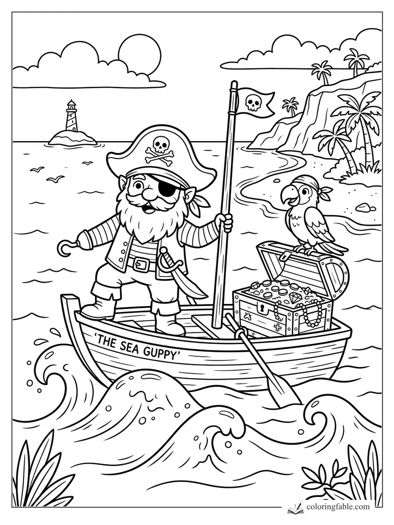 Pirate gnome on The Sea Guppy with parrot, treasure chest, skull flag, island cliffs, lighthouse, and waves