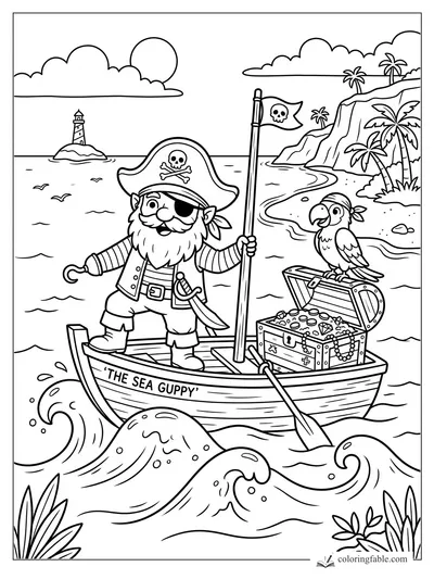 Pirate gnome on The Sea Guppy with parrot, treasure chest, skull flag, island cliffs, lighthouse, and waves