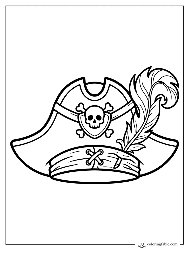 Bold pirate hat coloring page with skull badge, crossed bones, laced band, and tall feather plume.