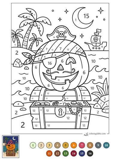 Pirate Jack-o’-Lantern on a Treasure Chest — color by number