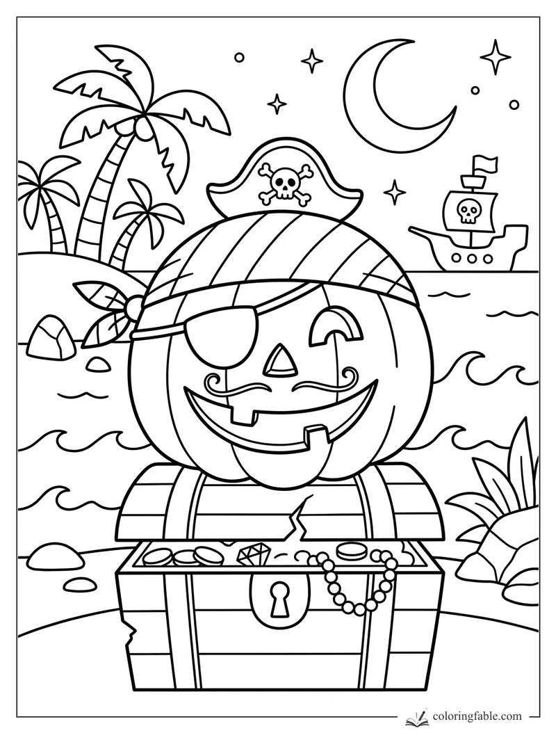 Pirate jack-o'-lantern with eyepatch on a treasure chest by palms, waves, moon, and a tiny ship