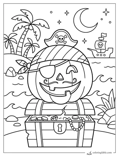 Pirate jack-o'-lantern with eyepatch on a treasure chest by palms, waves, moon, and a tiny ship
