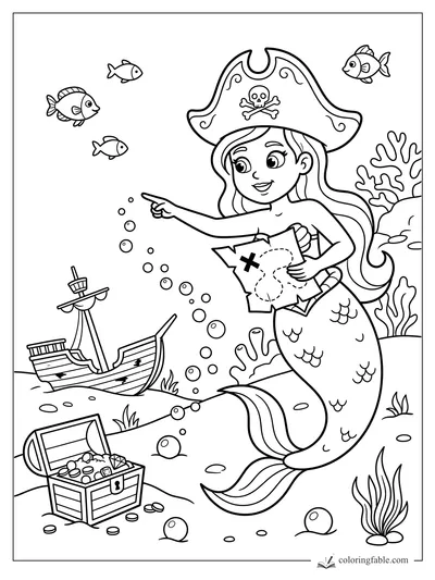 Cartoon pirate mermaid with treasure map pointing toward fish and a sunken ship under the sea