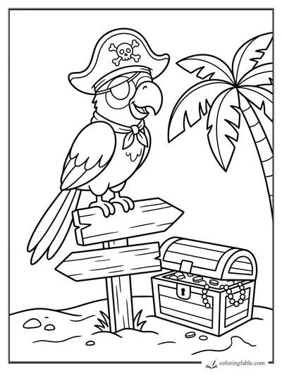 Cartoon pirate parrot with eye patch on a signpost beside a treasure chest and palm tree