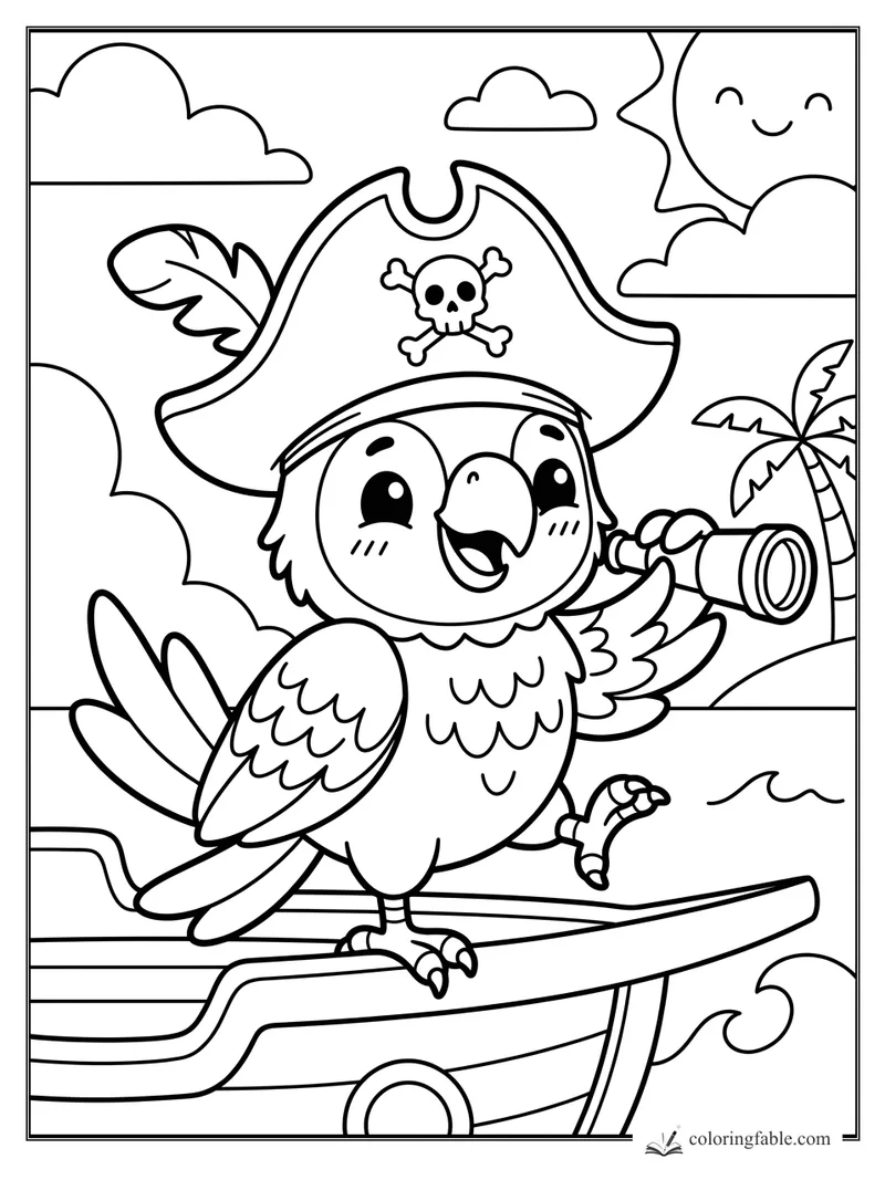 Kawaii pirate parrot in a skull hat holding a spyglass on a ship, with sun, clouds, palm tree, and waves.