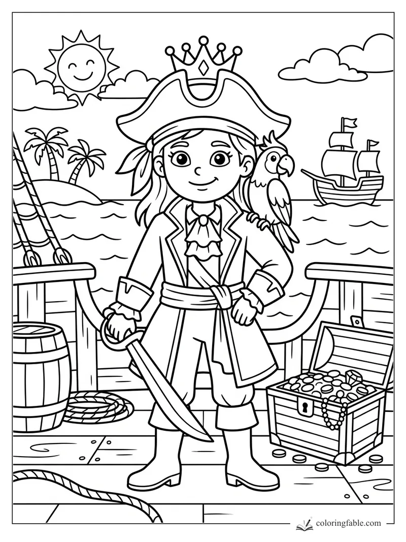 Cartoon pirate princess with crown, sword, parrot, treasure chest, ship, palms, and smiling sun.