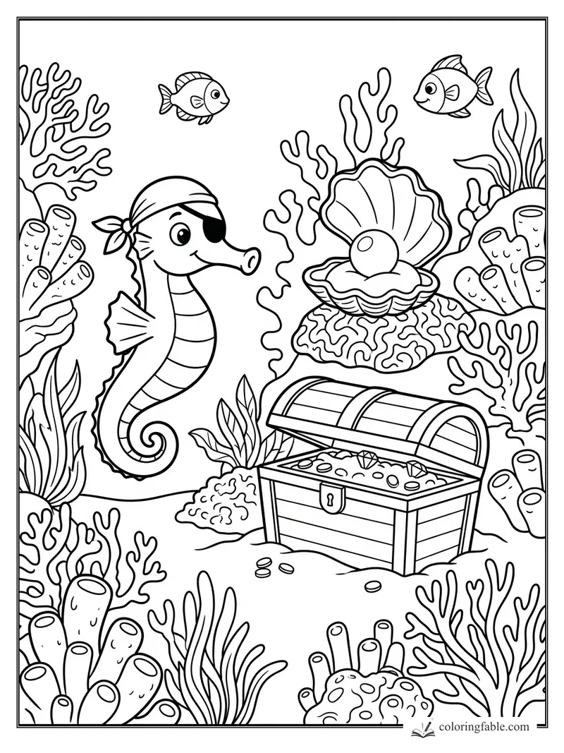 Cartoon pirate seahorse by an open treasure chest, pearl shell, fish, coral, and sea sponges coloring page