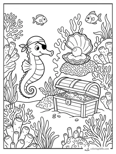 Cartoon pirate seahorse by an open treasure chest, pearl shell, fish, coral, and sea sponges coloring page