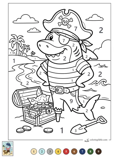 Pirate Shark with Treasure Chest — color by number