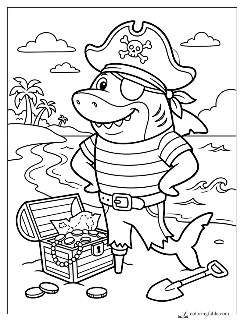 Cartoon pirate shark on a beach with skull hat, eye patch, treasure chest, palm trees, waves, and shovel.