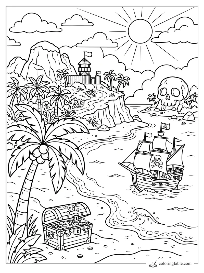 Cartoon pirate ship sailing toward Skull Rock Island with treasure chest, palms, fort, cliffs, and sun