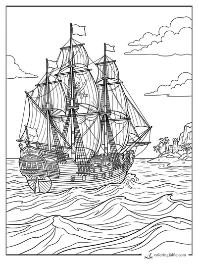 Detailed pirate ship with skull sail sailing by waves, clouds, palm trees, and a small island fort