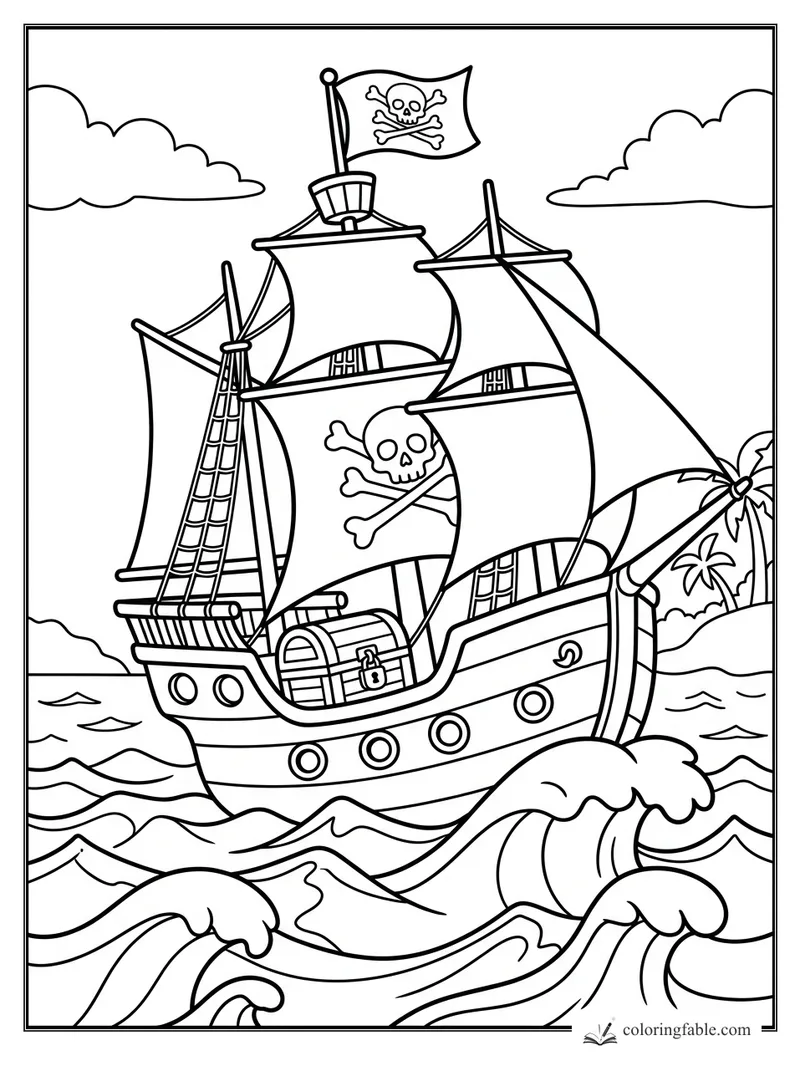 Cartoon pirate ship with skull sails, treasure chest, waves, clouds, and island palms