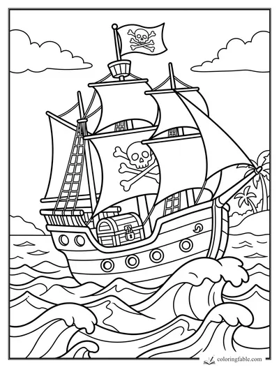 Cartoon pirate ship with skull sails, treasure chest, waves, clouds, and island palms