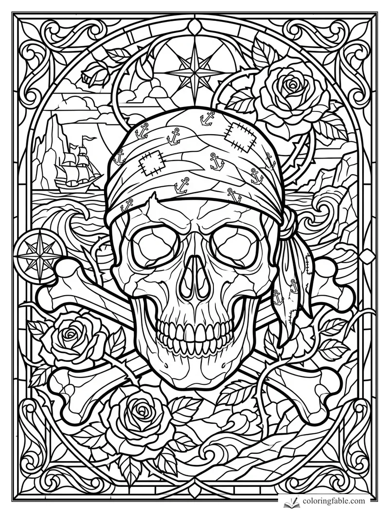 Stained-glass pirate skull in anchor bandana with roses, compass stars, ship, waves, and ornate border