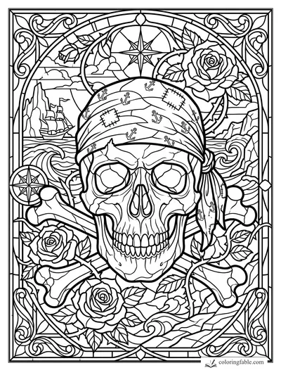 Stained-glass pirate skull in anchor bandana with roses, compass stars, ship, waves, and ornate border