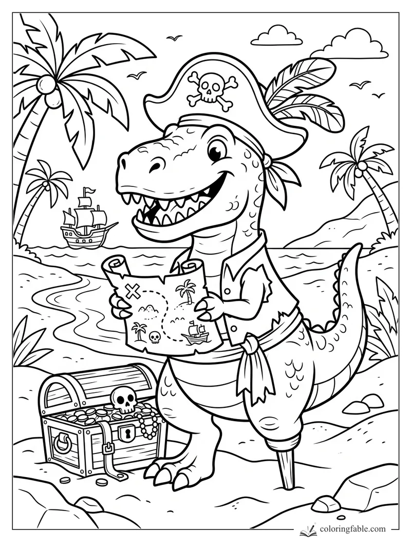 Cartoon pirate T. rex holding a treasure map beside an open chest on a palm island beach.
