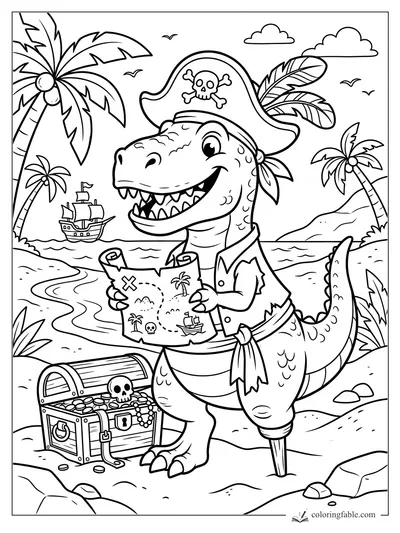 Cartoon pirate T. rex holding a treasure map beside an open chest on a palm island beach.