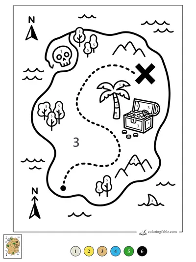 Pirate Treasure Map with Skull Cove and Palm Tree — color by number