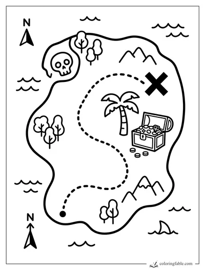 Easy pirate treasure map coloring page with dotted path, skull cove, palm tree, chest, mountains, and shark fin