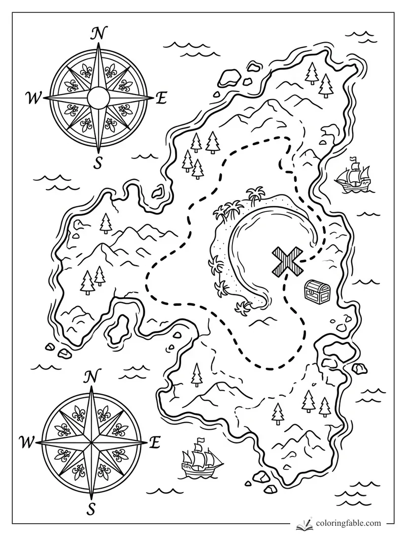 Pirate treasure map with dotted trail, X on a lagoon, chest, ships, islands, waves, and two compass roses.