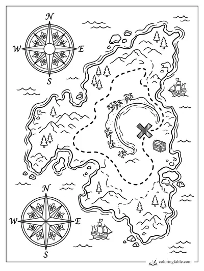Pirate treasure map with dotted trail, X on a lagoon, chest, ships, islands, waves, and two compass roses.