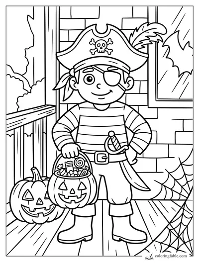 Cartoon pirate child with eye patch holding a jack-o'-lantern candy bucket on a Halloween porch.