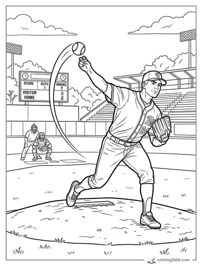 Baseball pitcher throwing a curveball toward catcher, with scoreboard, bleachers, lights, and clouds behind him.