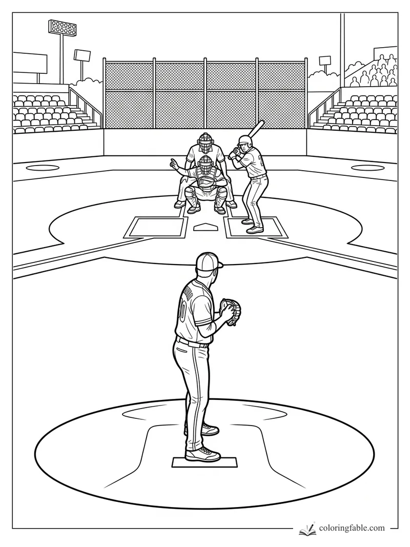 Realistic baseball pitcher on the mound facing batter, catcher, and umpire behind home plate