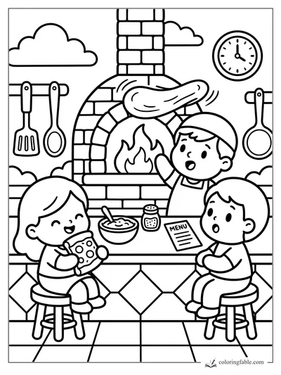 Kids at a pizza counter watch a cook toss dough beside a brick oven, menu, bowl, and wall clock.
