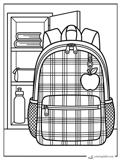 Plaid school backpack with apple keychain, books, bow pouch, and water bottle in an open locker