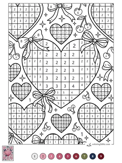 Plaid Hearts with Bows and Cherries — color by number