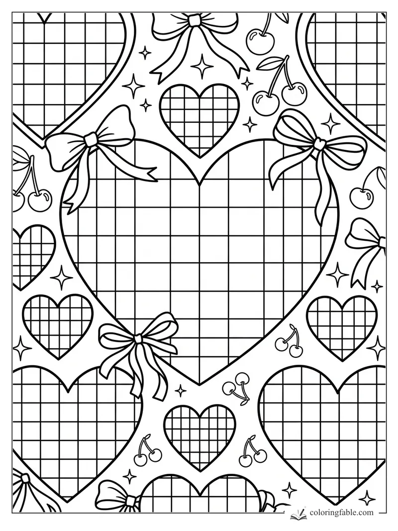 Preppy coloring page with plaid hearts, ribbon bows, cherries, and tiny sparkle stars