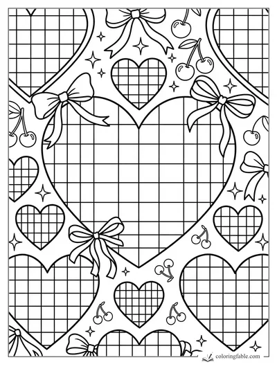 Preppy coloring page with plaid hearts, ribbon bows, cherries, and tiny sparkle stars