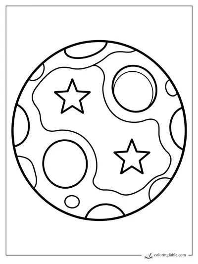 Minimalist planet coloring page with two star shapes, round craters, and wavy surface patches.